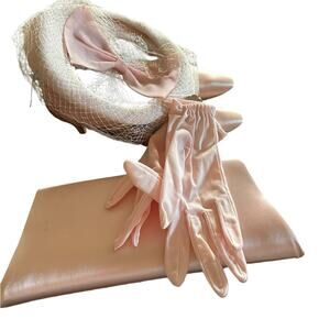 Vintage 50s 60s Baby Pink Satin Gloves Bow Hat Purse Set & Pointed Shoe Size 7